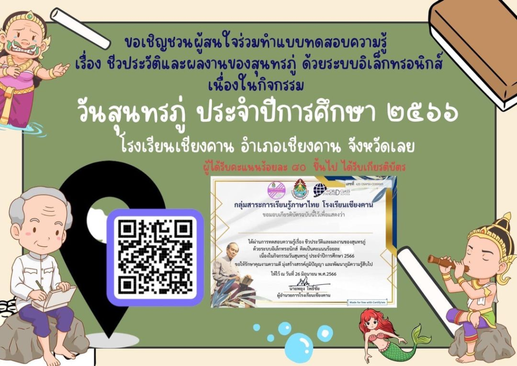 แบบทดสอบออนไลน์ ชีวประวัติและผลงานของสุนทรภู่ ปีการศึกษา 2566 พร้อมรับเกียรติบัตรฟรี จาก โรงเรียนเชียงคาน